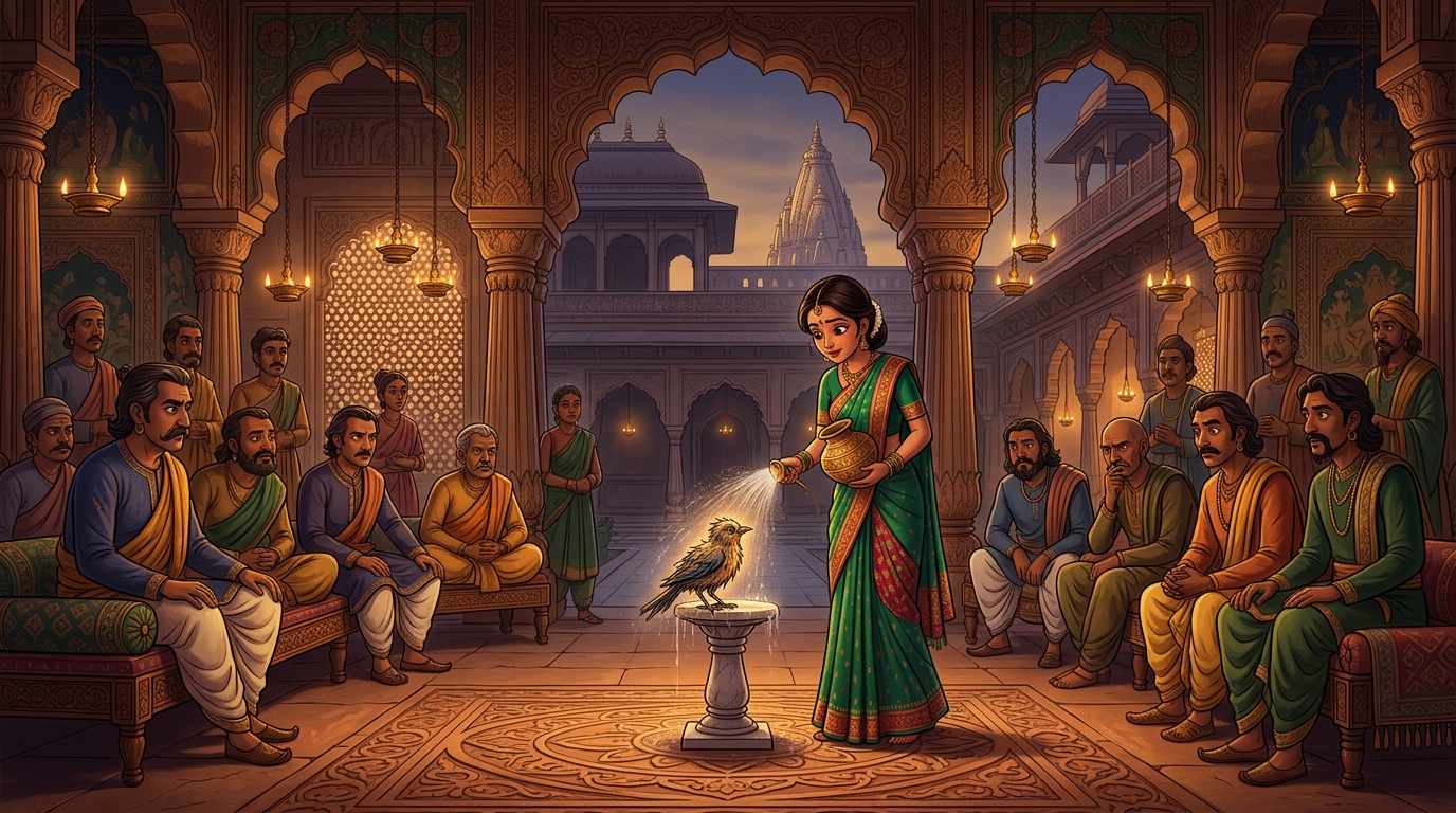 Sumedha gently spraying the warm herbal water over the disguised bird in the royal courtyard
