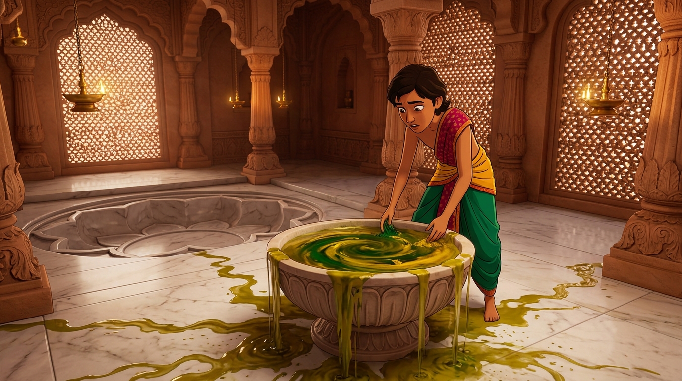 Under the warm herbal water, the artificial green dye and yellow turmeric dissolve rapidly
