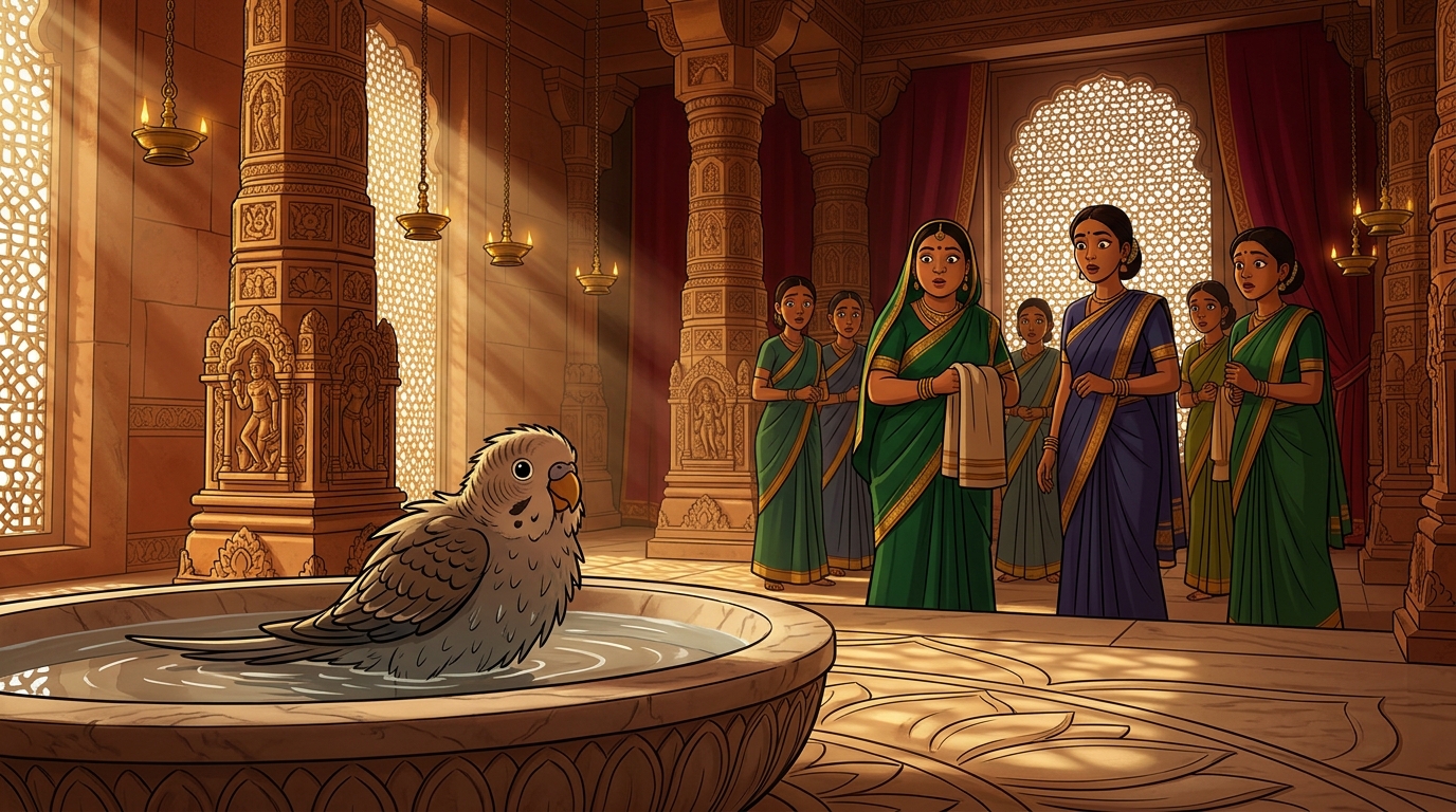 The bird is revealed as a plain common grey-and-brown domestic parakeet, shivering in the bath