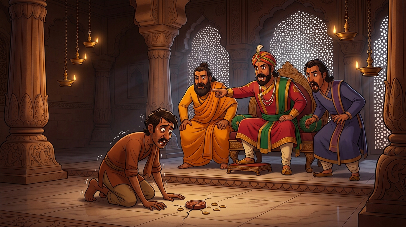 The King and royal ministers gasp in outrage at the exposed counterfeit, the fowler trembling