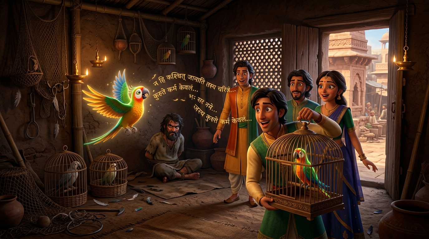 Royal detectives raid the fowler's hut, recovering genuine speaking parrot Manikantha reciting verses