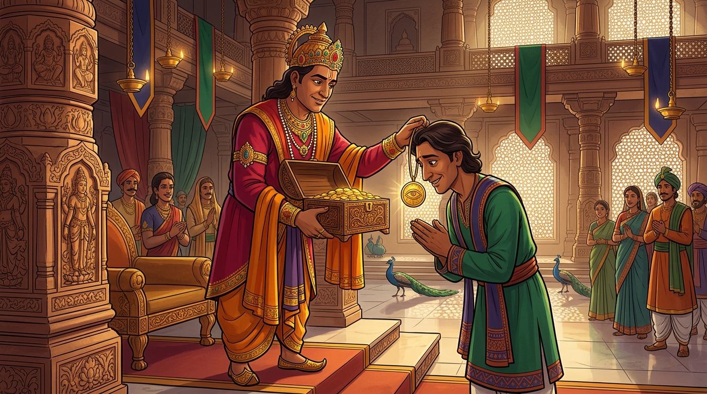 King Yashovarma awards Minister Sumedha a chest of gold coins and golden medallion of truth