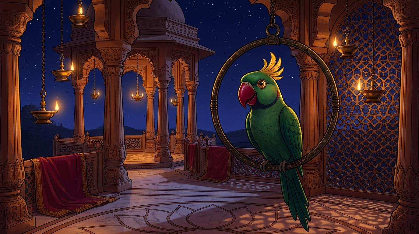 Back on the terrace in Chandravati, Shuka concluding the tale with piercing moral clarity