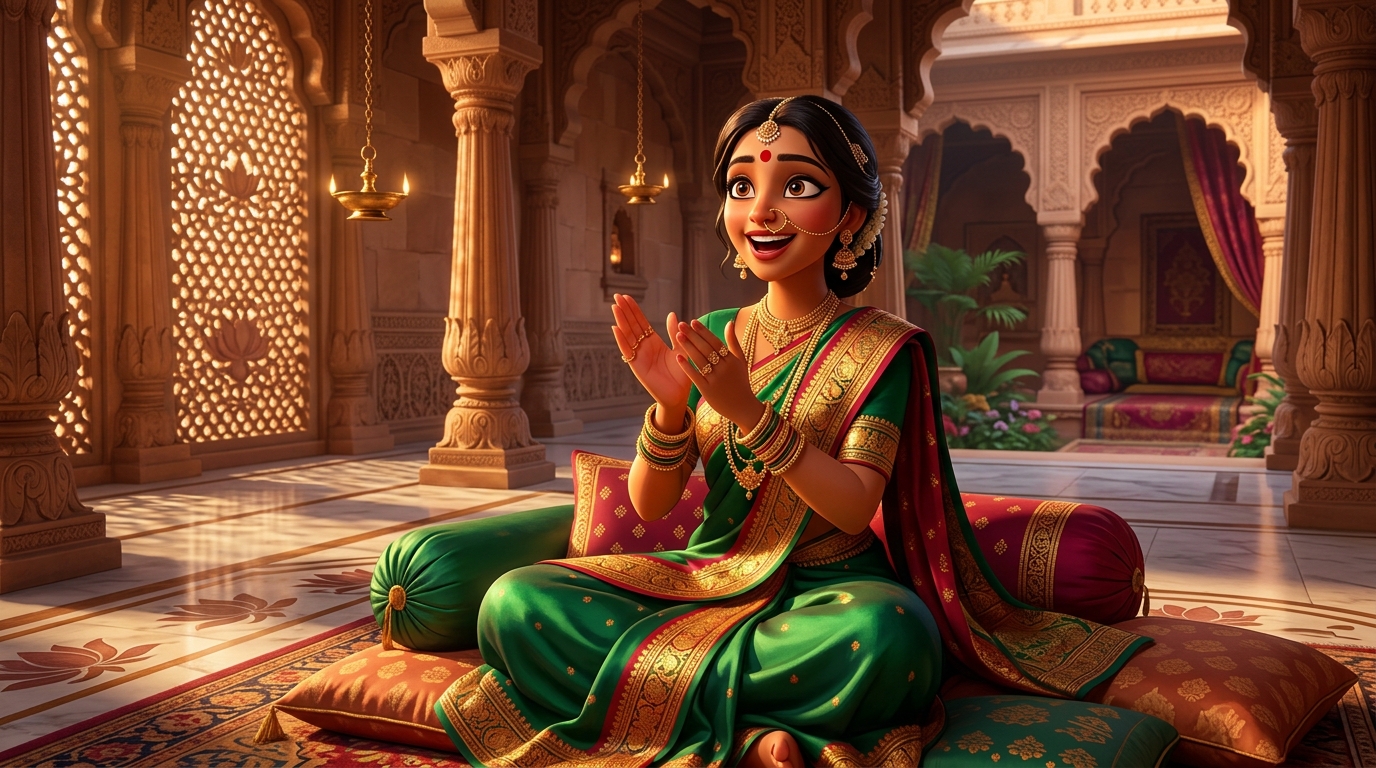 Prabhavati sitting on the silk cushions, clapping in wonder at the herbal water test