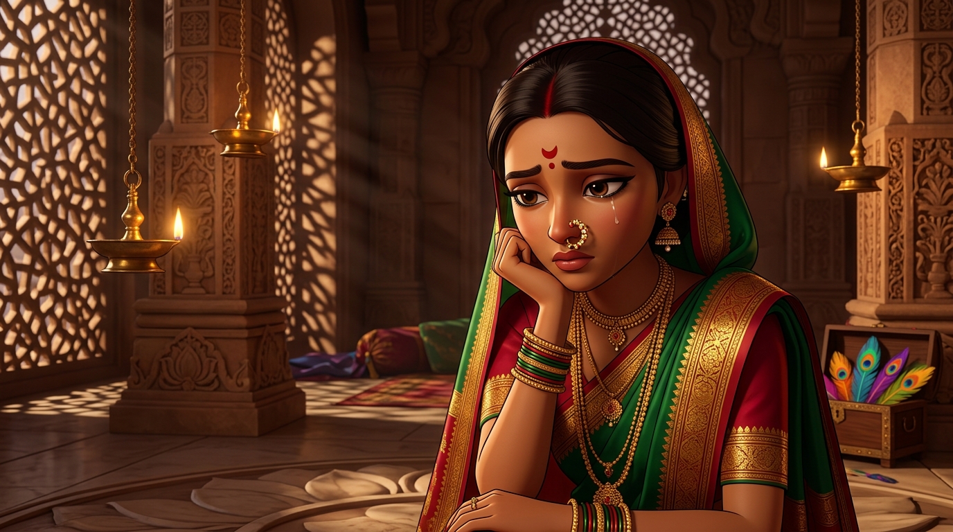 Prabhavati in deep contemplation, realizing foreign flatteries are painted feathers