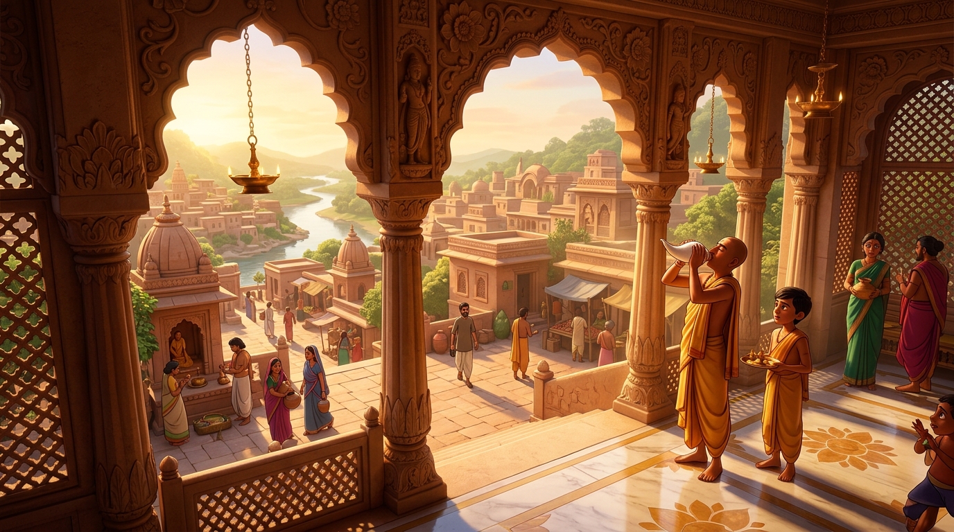 Golden dawn sunlight flooding across the sandstone arches as temple conches sound