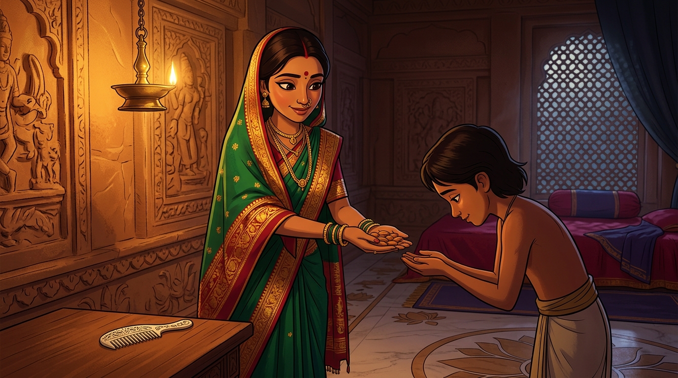 Prabhavati sets aside the ivory comb, hands Shuka sweet almonds, and retreats peacefully