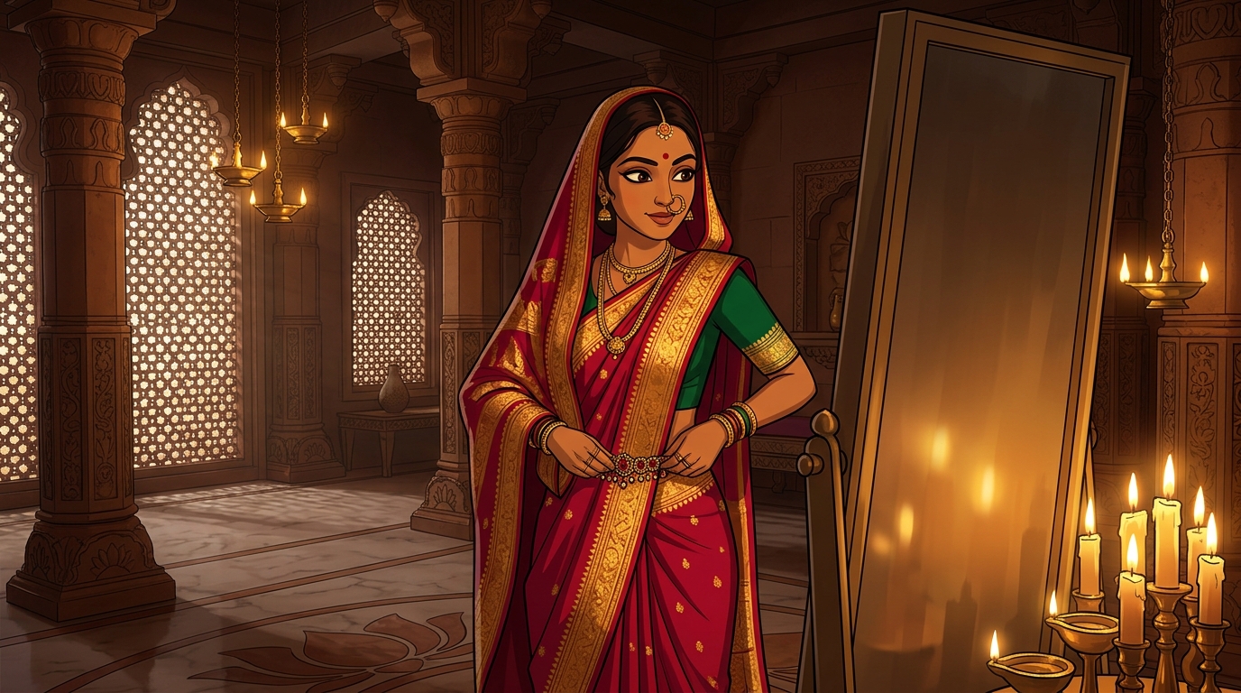 Prabhavati in royal crimson and gold silk fastening the garnet waistband by candlelight