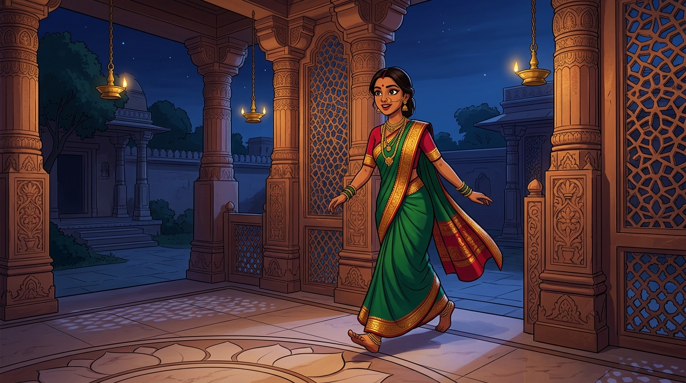 Prabhavati stepping toward the courtyard gate with swift, eager steps under the moonlit sky