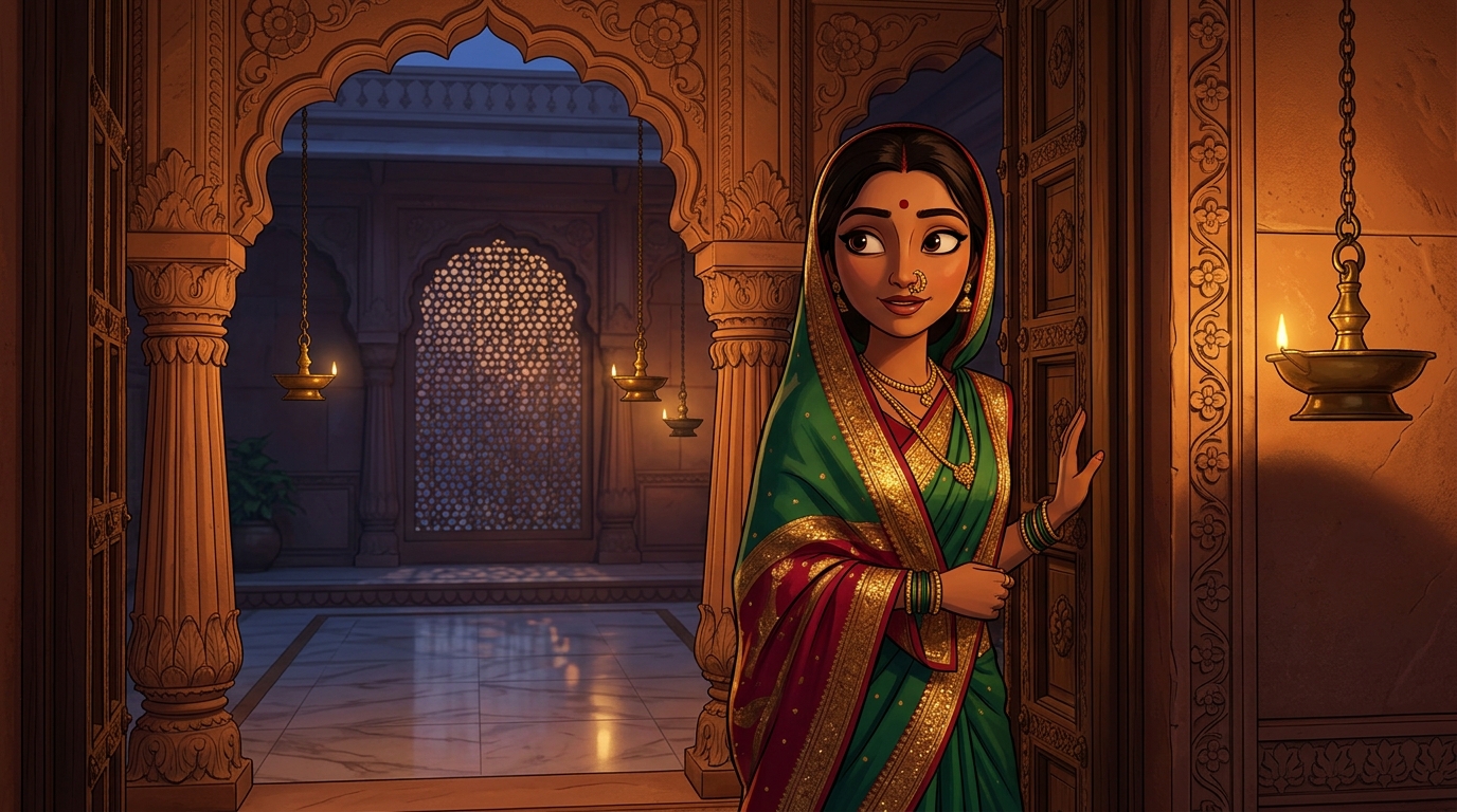 Prabhavati pausing on the doorstep with an amused smile