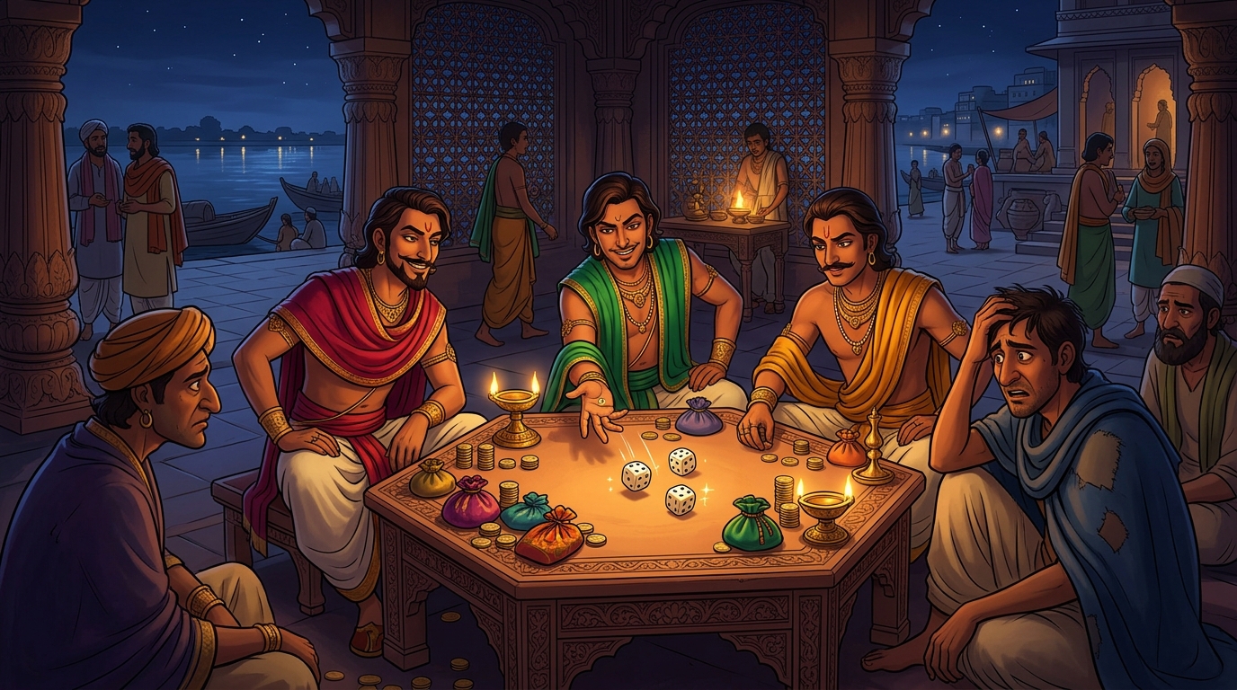 At the Varanasi river gambling pavilion, three arrogant gamblers throwing ivory dice