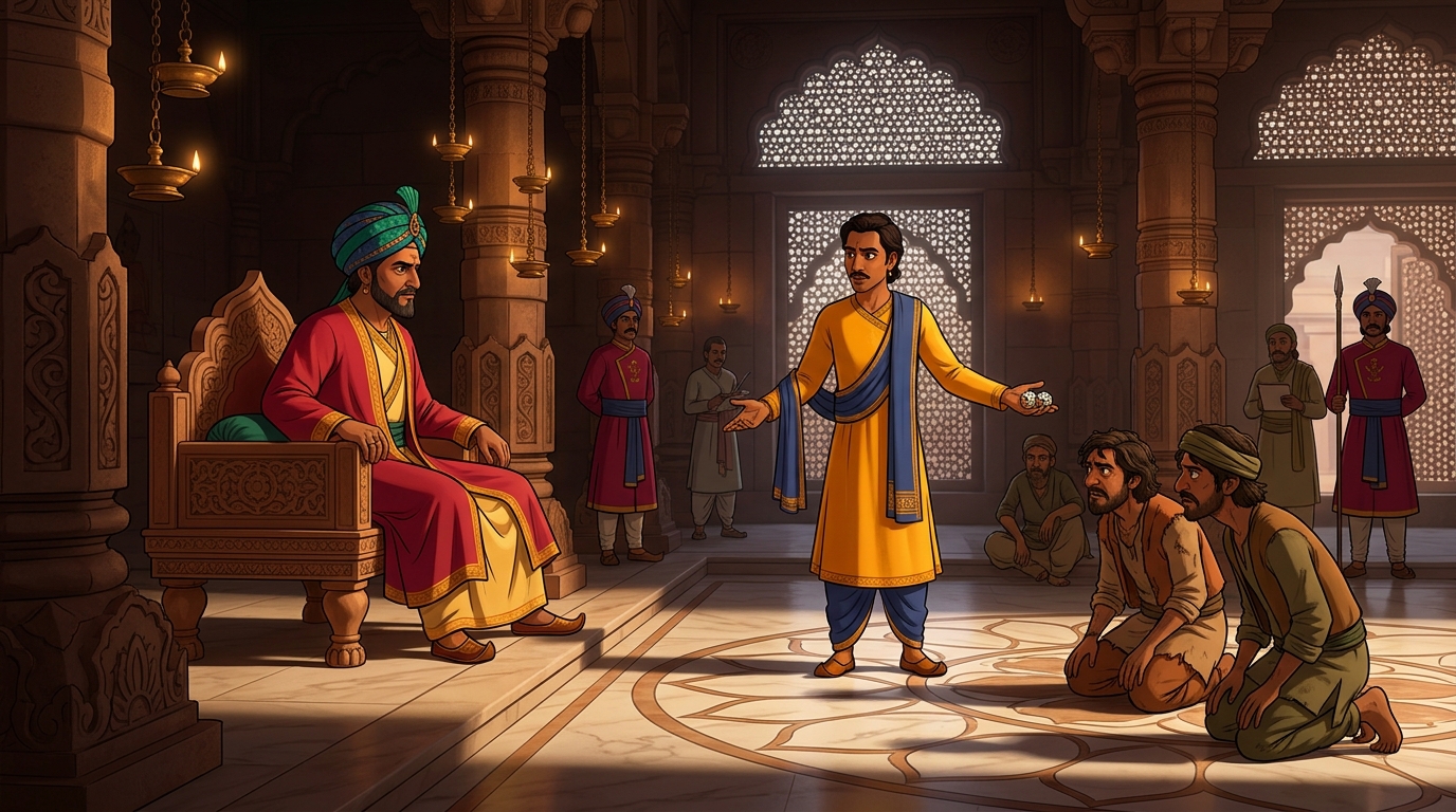 In the courtroom of Varanasi, Vasudeva brings the three gamblers before King Jayachandra