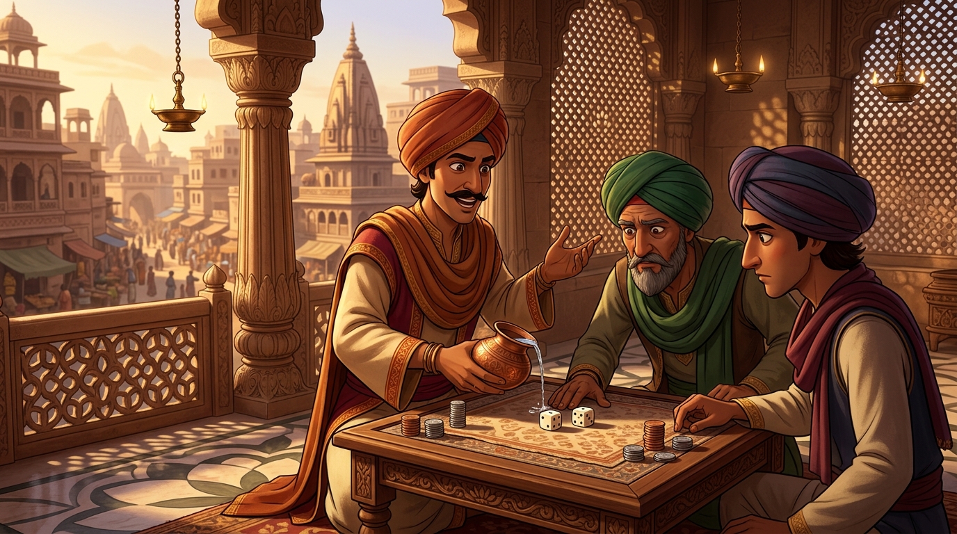 The three gamblers boldly swear on holy river water that the dice are solid elephant ivory
