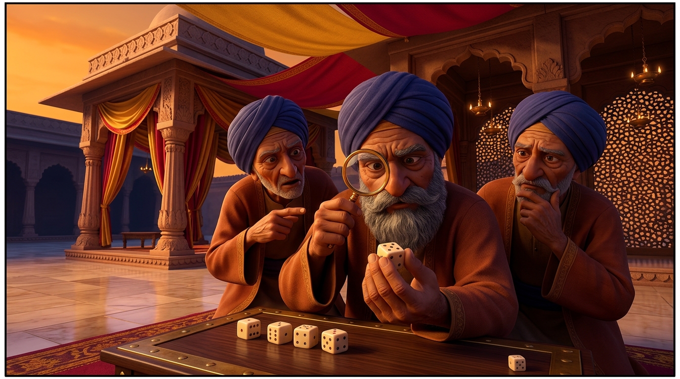 The judges inspect the exterior of the ivory dice with magnifying crystals, finding no flaws