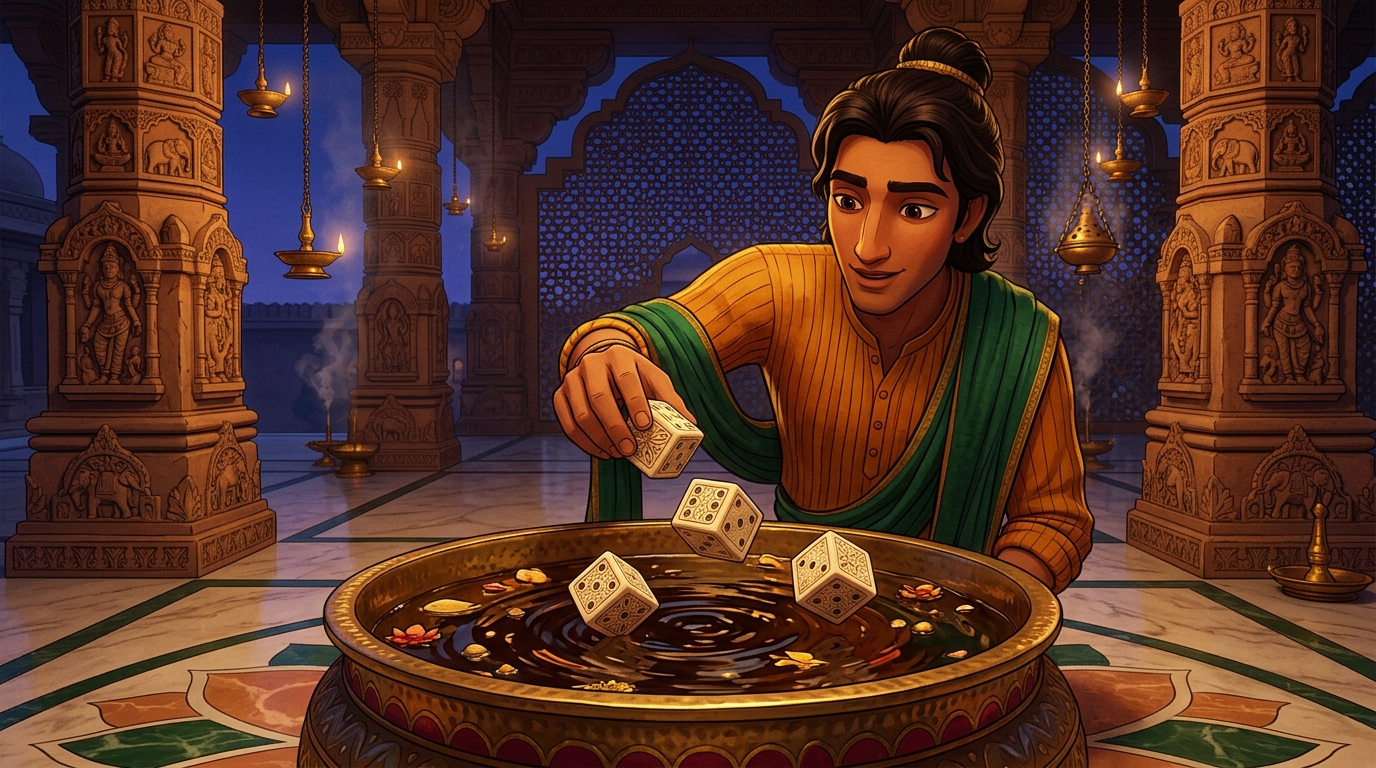 Vasudeva drops genuine temple ivory dice into the liquid; they float horizontally and tumble randomly