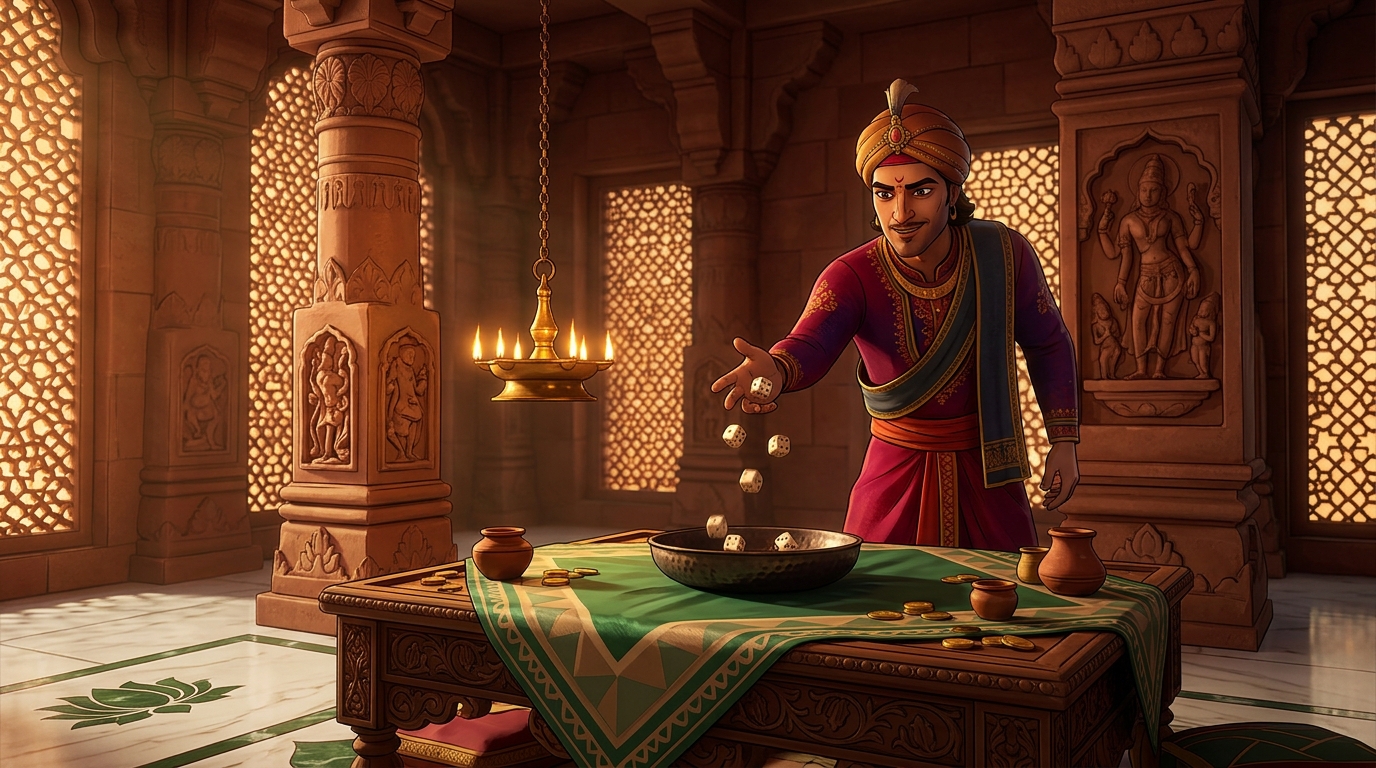 Vasudeva drops the gamblers' dice; they instantly snap and sink with one exact face upright