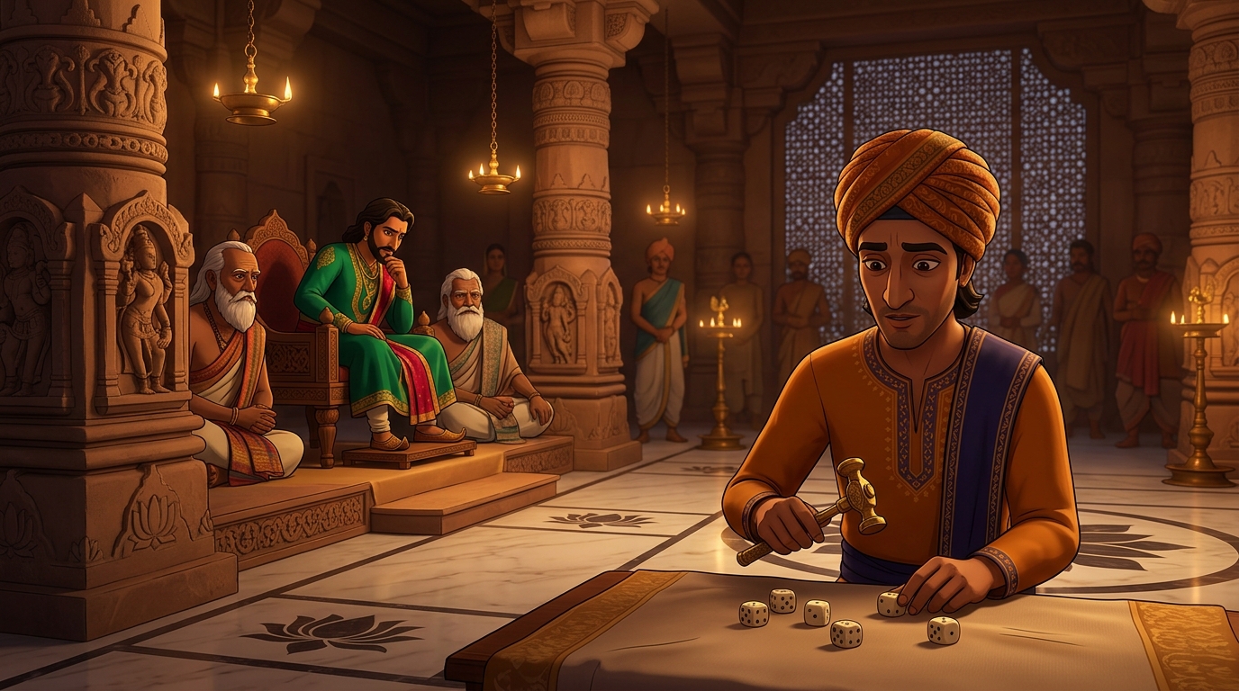 Vasudeva tapping the disputed ivory dice with a jeweler's small brass hammer before the King