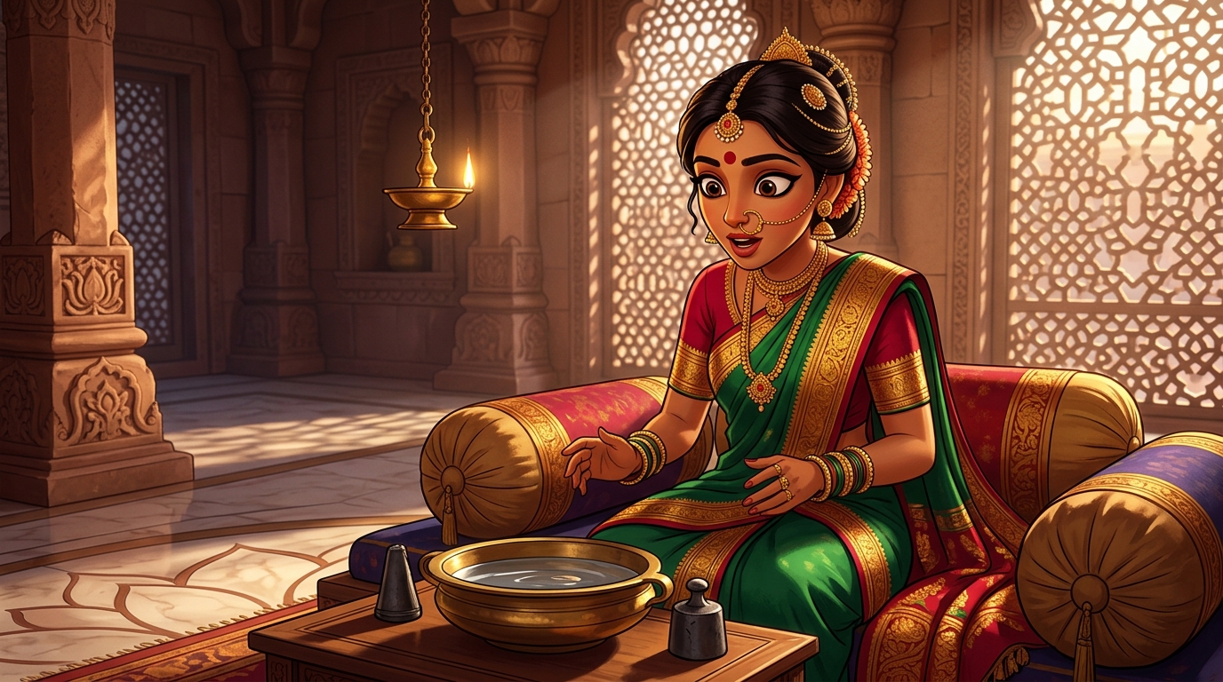 Prabhavati sitting on the bolsters, wide-eyed with realization at the loaded dice test