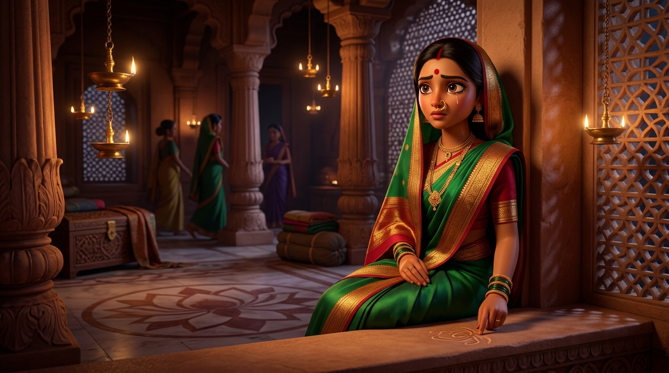 Prabhavati in deep contemplation, realizing secret suitors are cheats with loaded dice