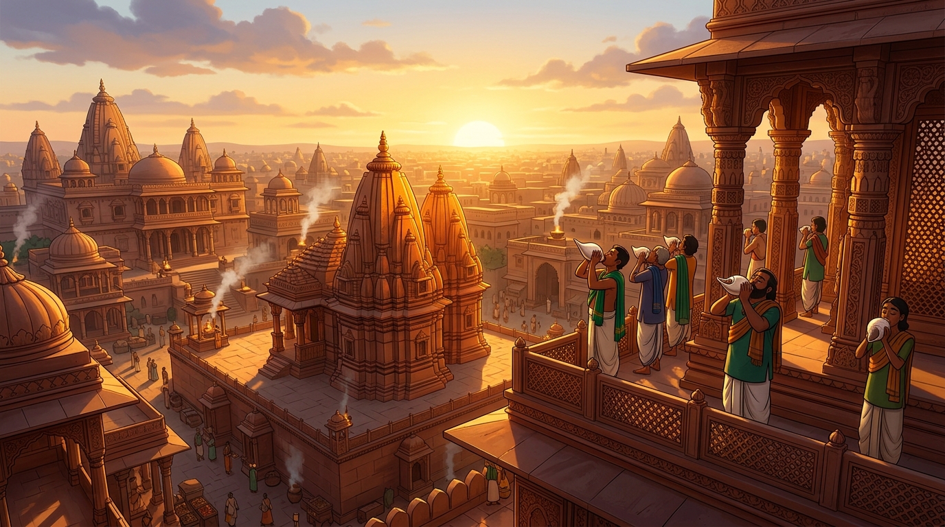 Golden dawn sunlight flooding across the Chandravati skyline as temple conches sound
