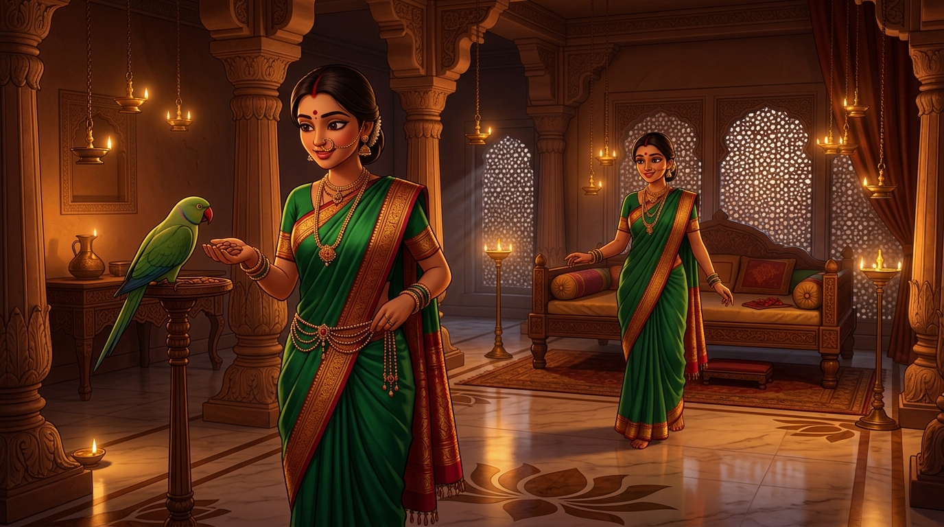 Prabhavati unclasps the garnet waistband, gives Shuka sweet almonds, retreats peacefully