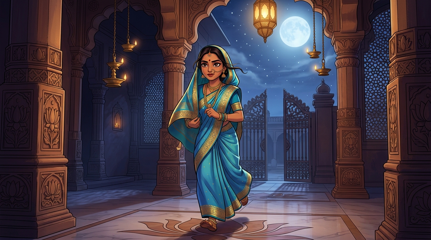 Prabhavati stepping toward the courtyard gate with swift, confident steps under the moonlit sky
