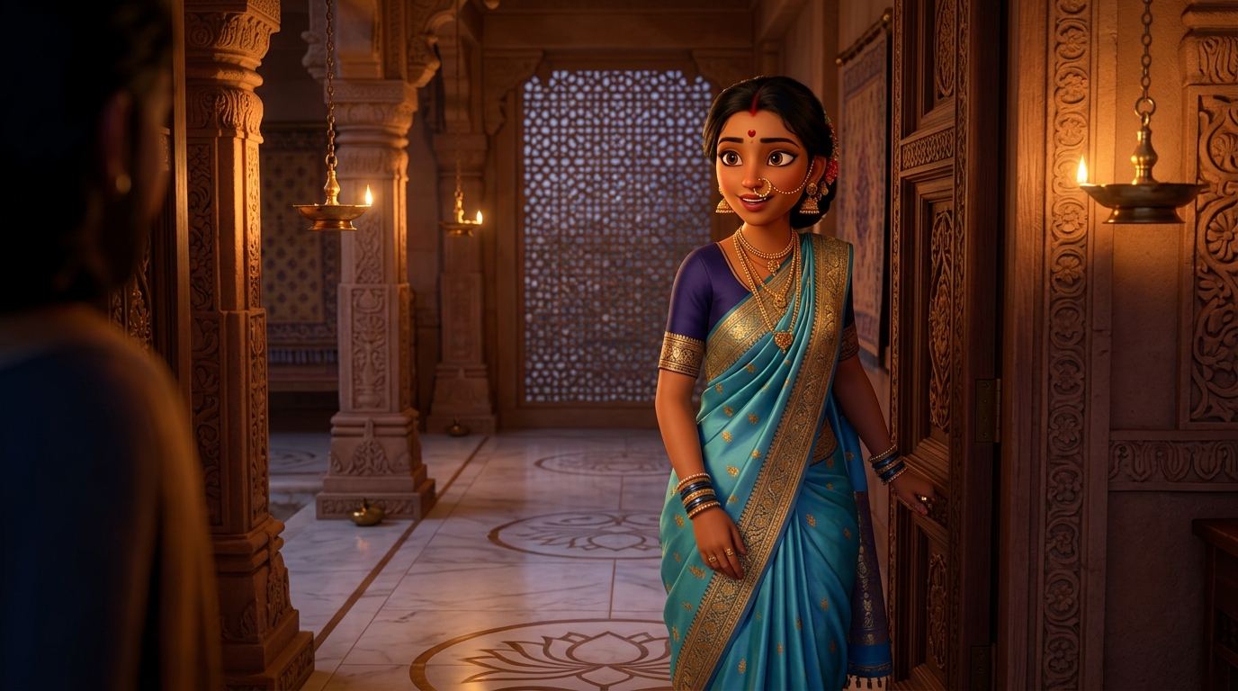 Prabhavati pausing on the doorstep with an amused smile