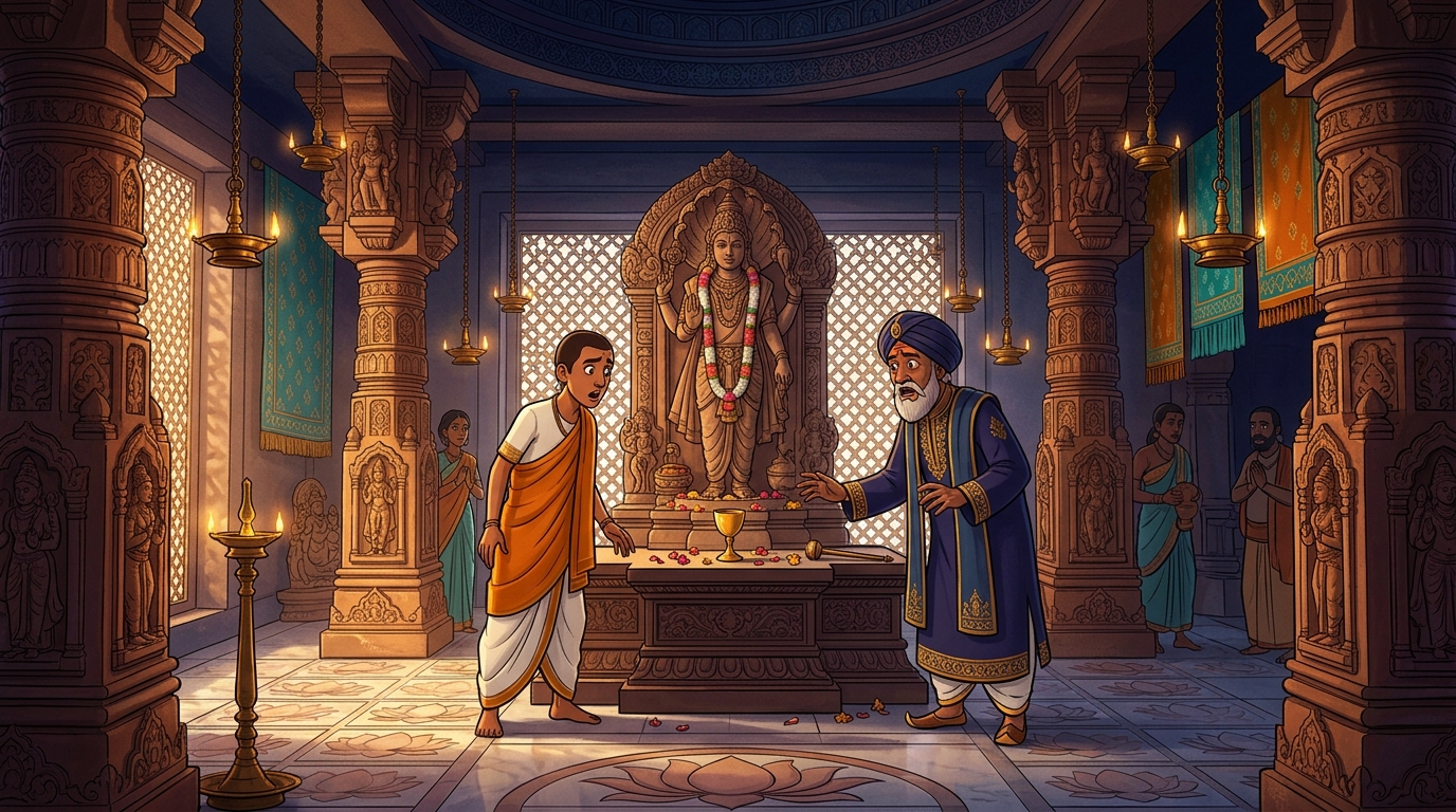 In ancient Pataliputra, the sacred gold chalice is discovered missing from the altar