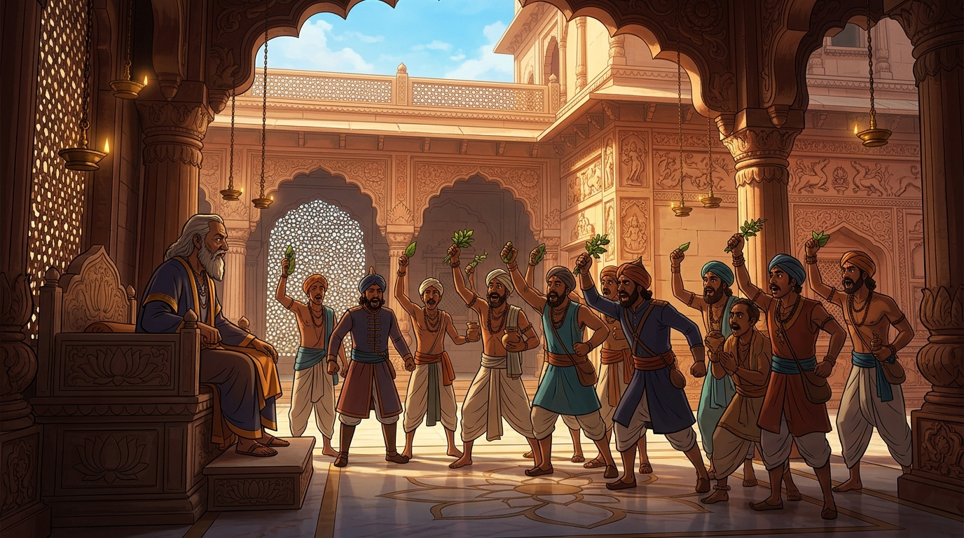 Ten temple guards and attendants stand in the courtyard, swearing innocence on tulsi leaves