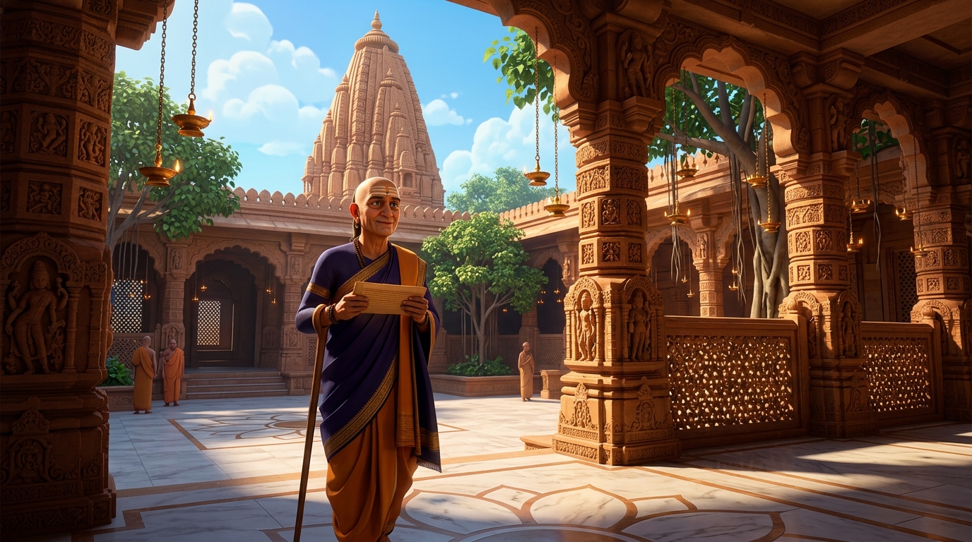 Wise Minister Chanakyadeva enters the temple courtyard, smiling with calm understanding