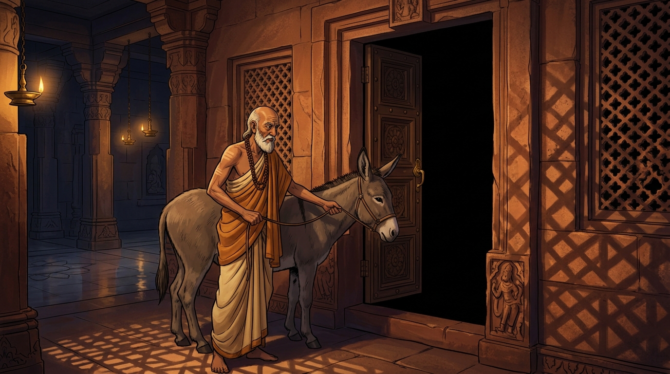 Chanakyadeva brings a sturdy grey donkey into a completely dark windowless stone chamber