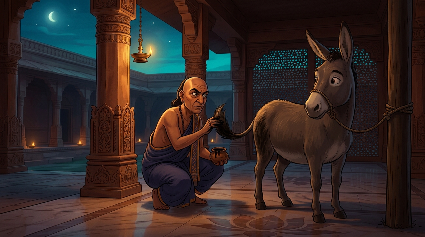 Chanakyadeva secretly coating the donkey's bushy tail with wet greasy black lamp soot