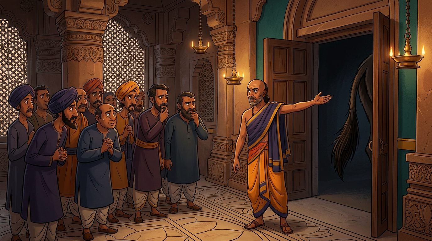Chanakyadeva announces to the ten suspects to enter one by one and pull the donkey's tail