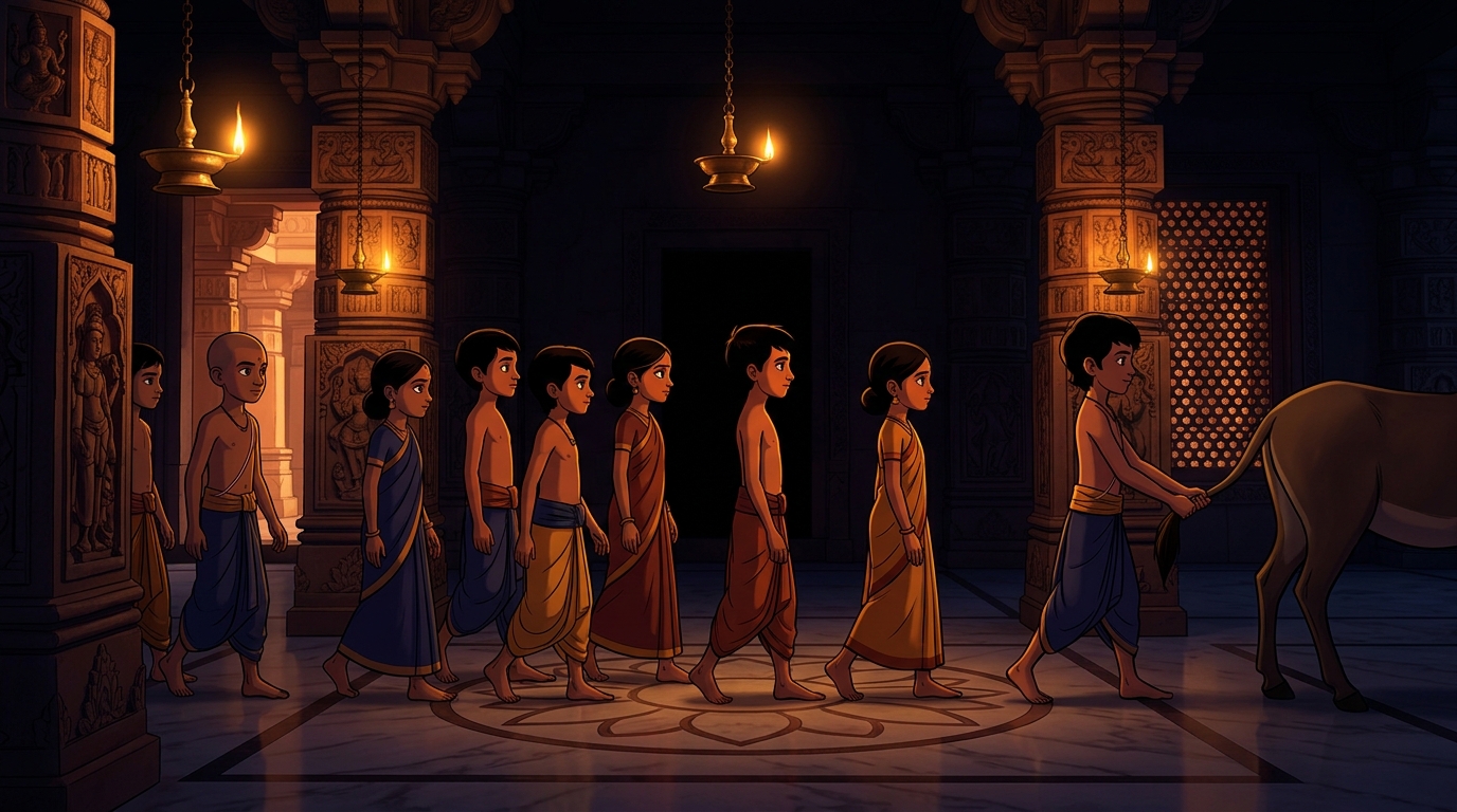 One by one, nine innocent attendants enter the dark room, fearlessly grasping the donkey's tail