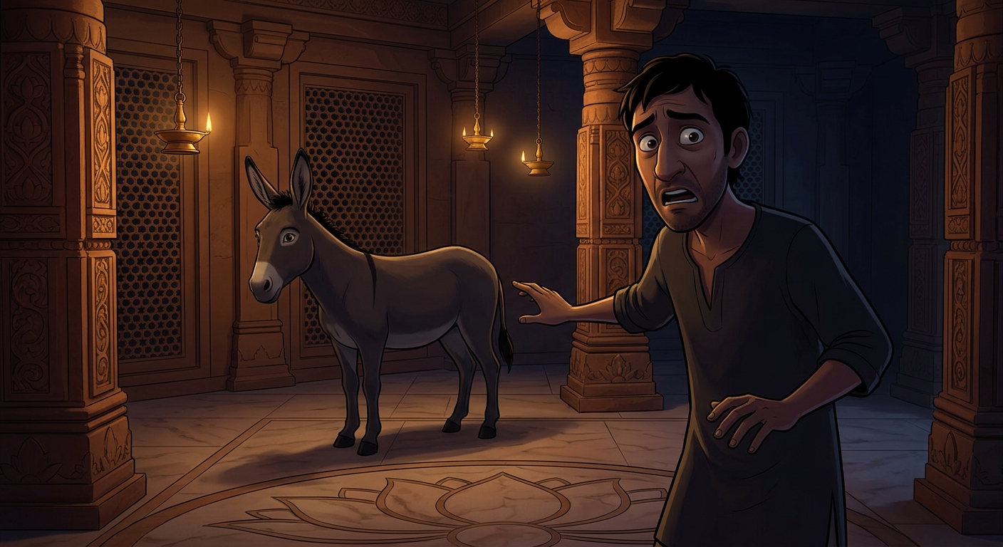 The real thief enters the dark room, terrified the donkey will bray, touching empty air