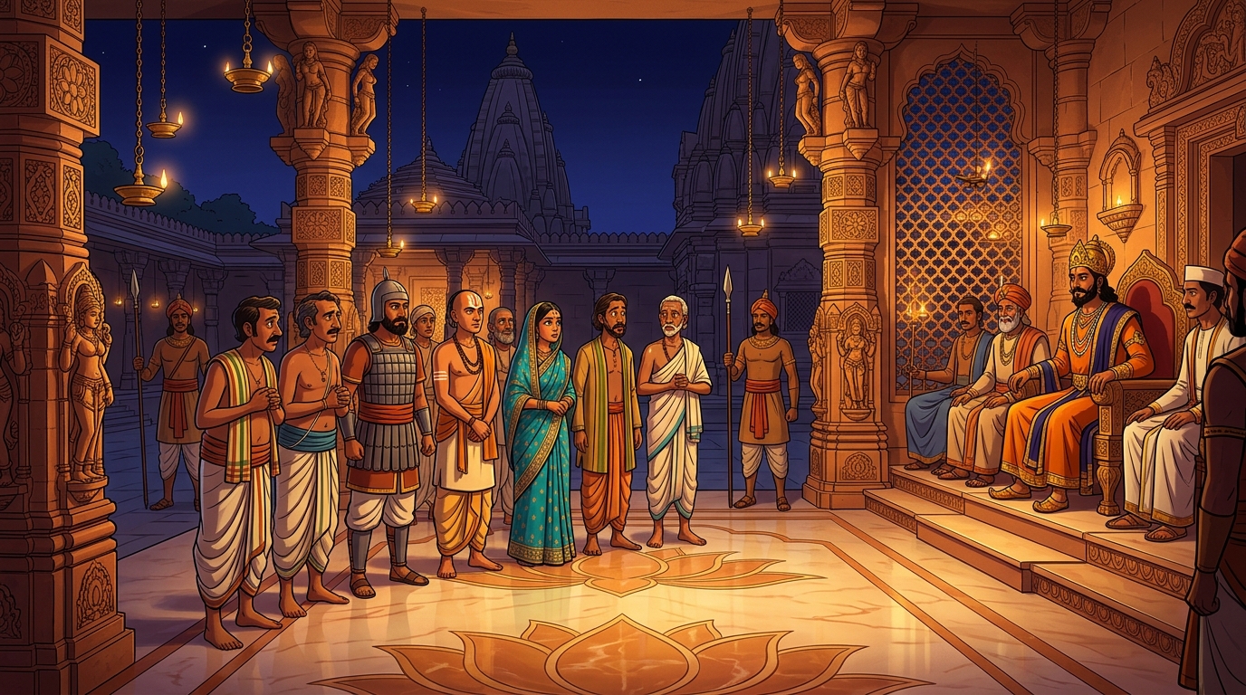 All ten suspects reassemble in the brightly lit temple courtyard before the King and judges