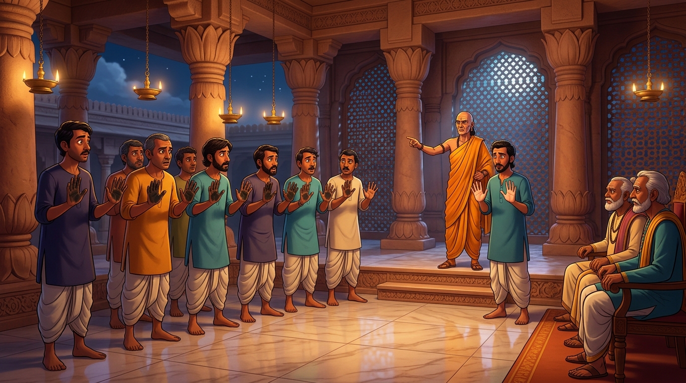 Chanakyadeva commands all to raise open palms: nine men have black soot, the thief has clean hands