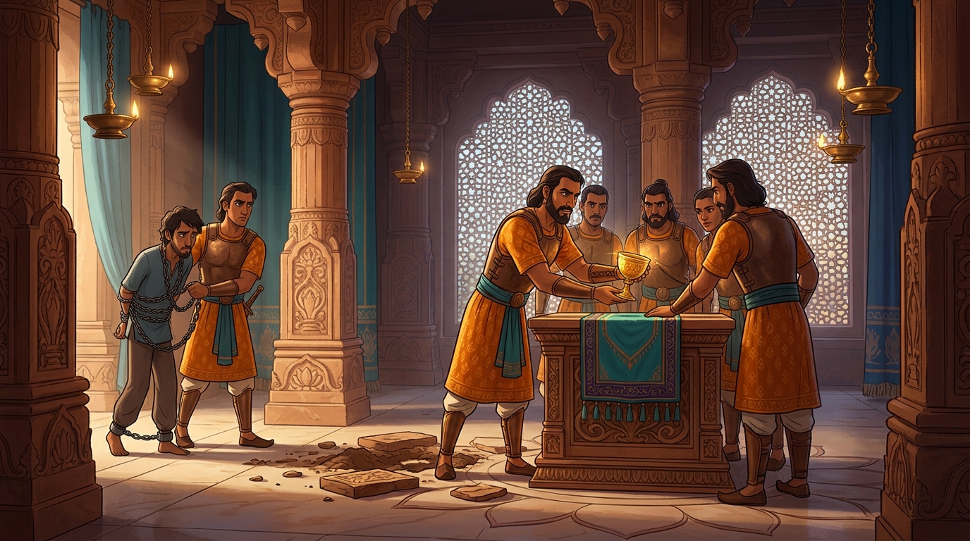 Royal guards recover the golden chalice, returning it to the sacred altar while the thief is chained