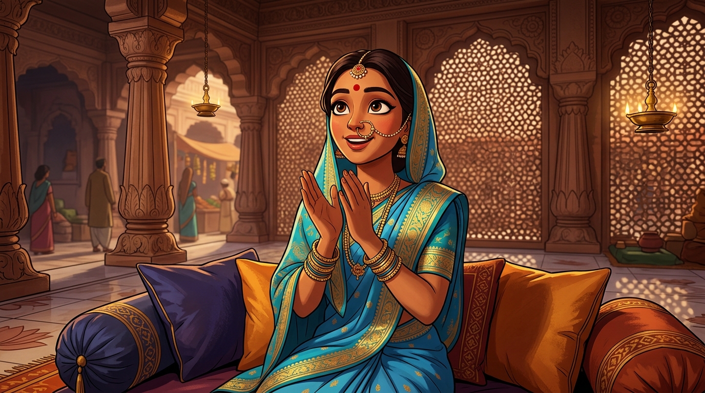 Prabhavati sitting on the silk cushions, clapping in wonder at the clean hands deduction