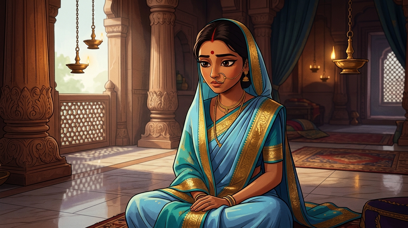 Prabhavati in deep contemplation, realizing hidden deceit always betrays itself