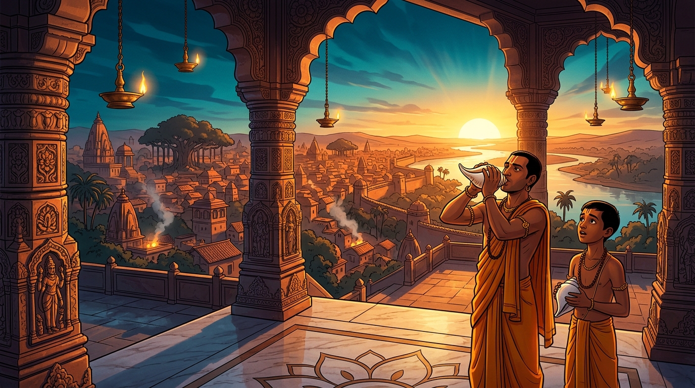 Golden dawn sunlight flooding across the sandstone arches as temple conches sound