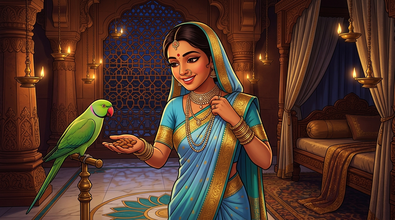 Prabhavati unclasps the diamond choker, hands Shuka sweet almonds, retreats peacefully
