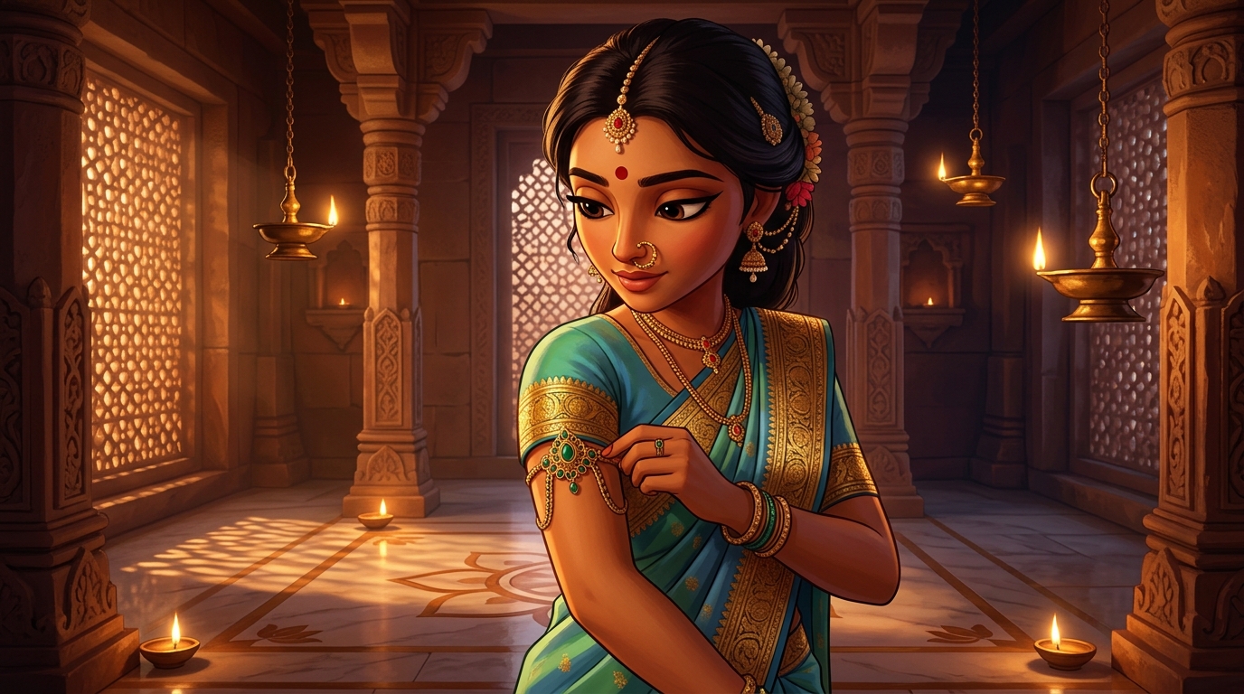 Prabhavati in turquoise-green and gold silk fastening the emerald armlet by candlelight