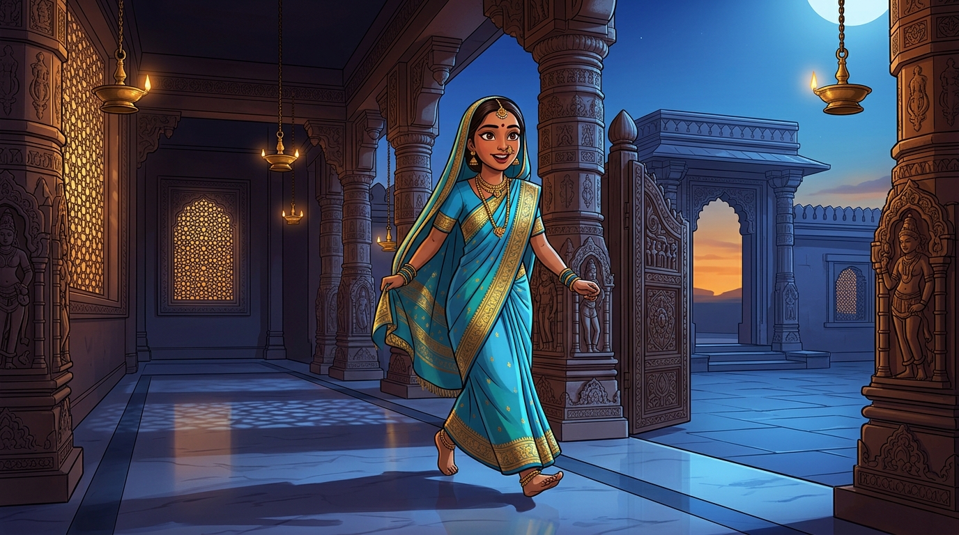 Prabhavati stepping toward the courtyard gate with swift, eager steps under the moonlit sky