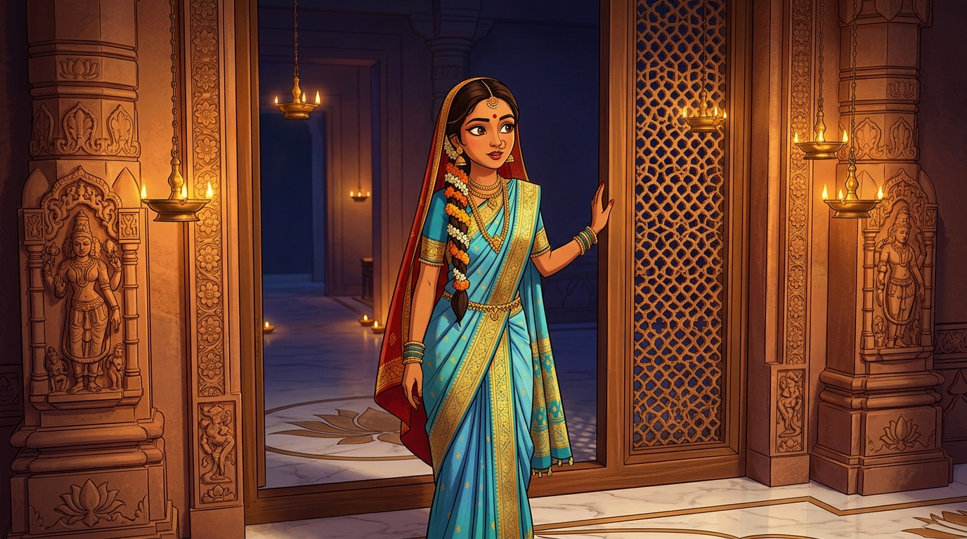 Prabhavati pausing on the doorstep with an amused smile