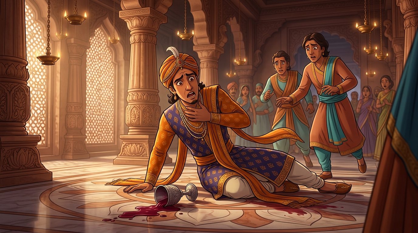 In the palace banquet hall of Ujjayini, Crown Prince Jayatsena collapses onto the marble floor
