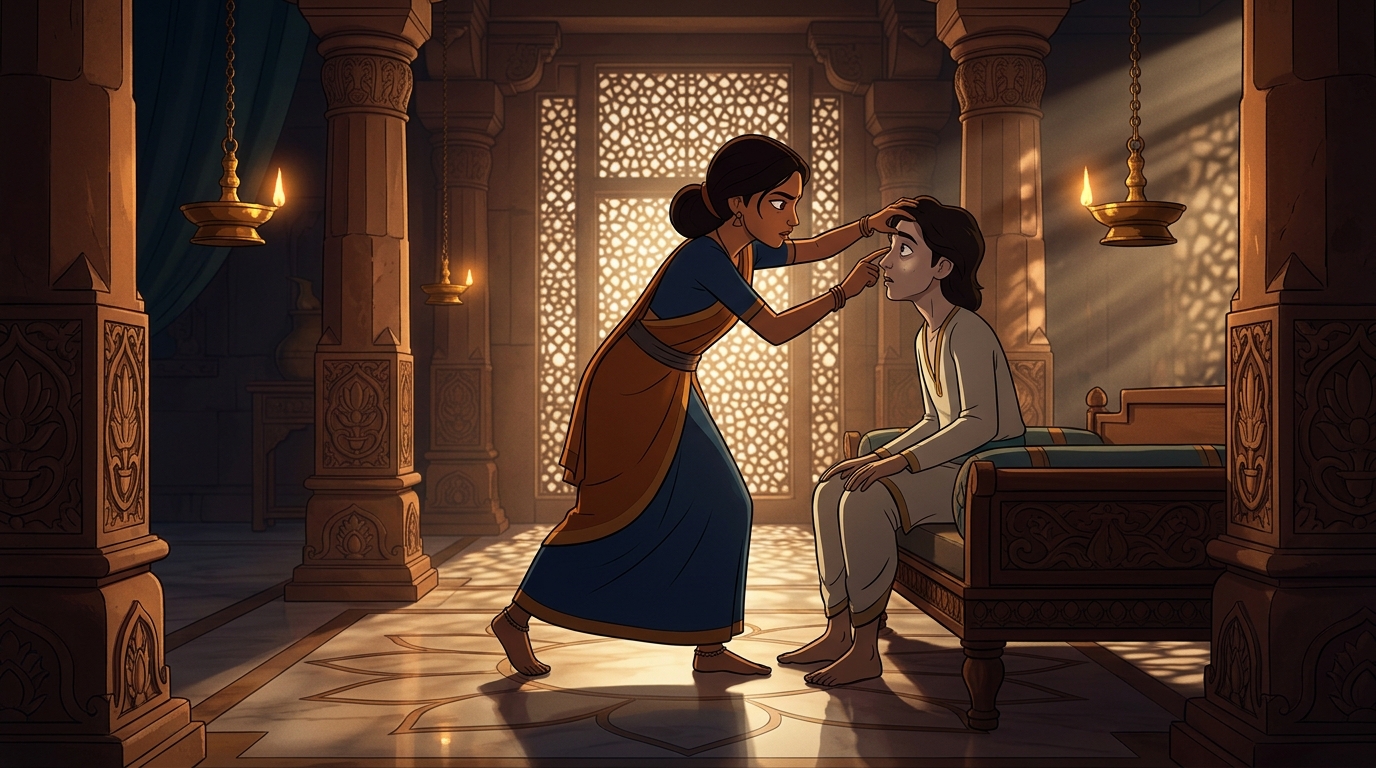 18yo physician's daughter Charumati lifts the Prince's eyelids to examine constricted pupils