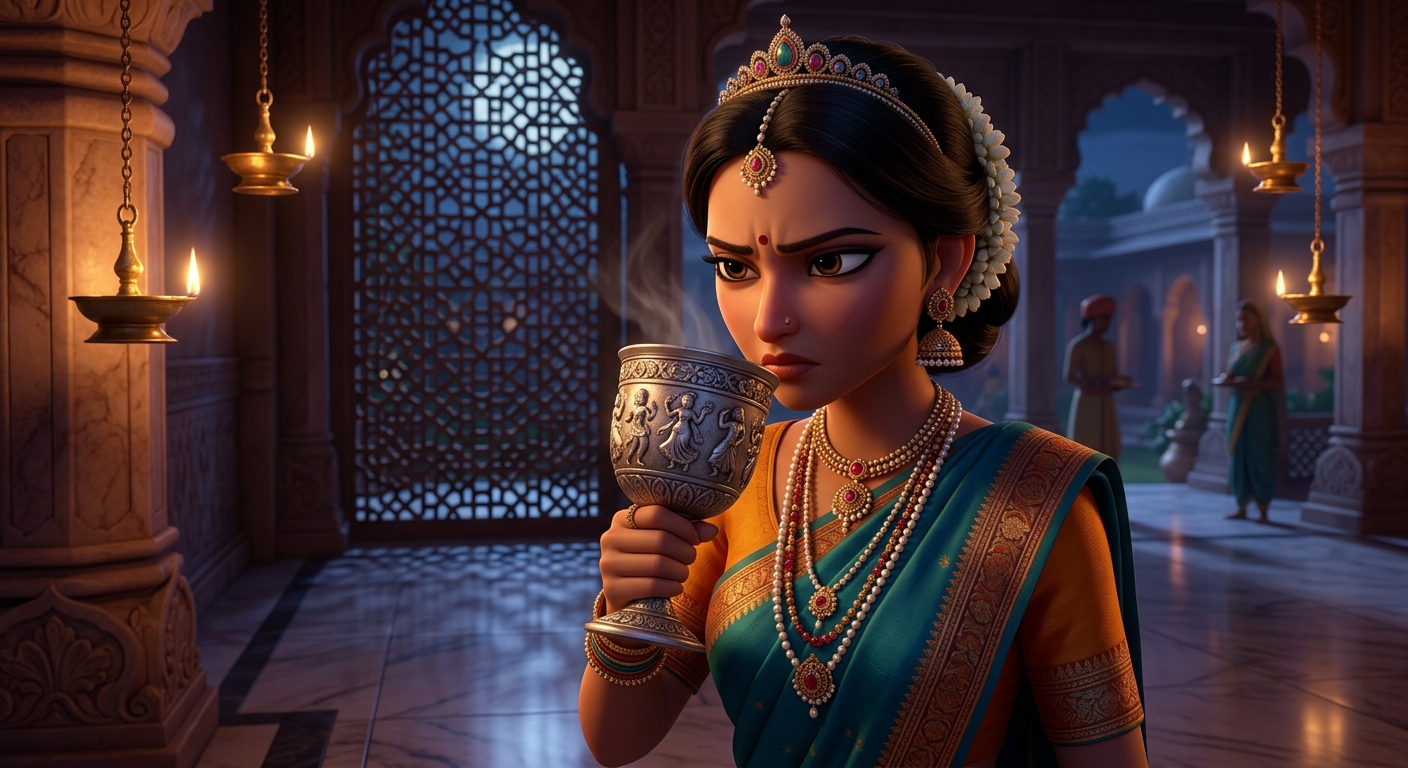 Charumati smelling the rim of the goblet, detecting bitter almond scent of datura and venom