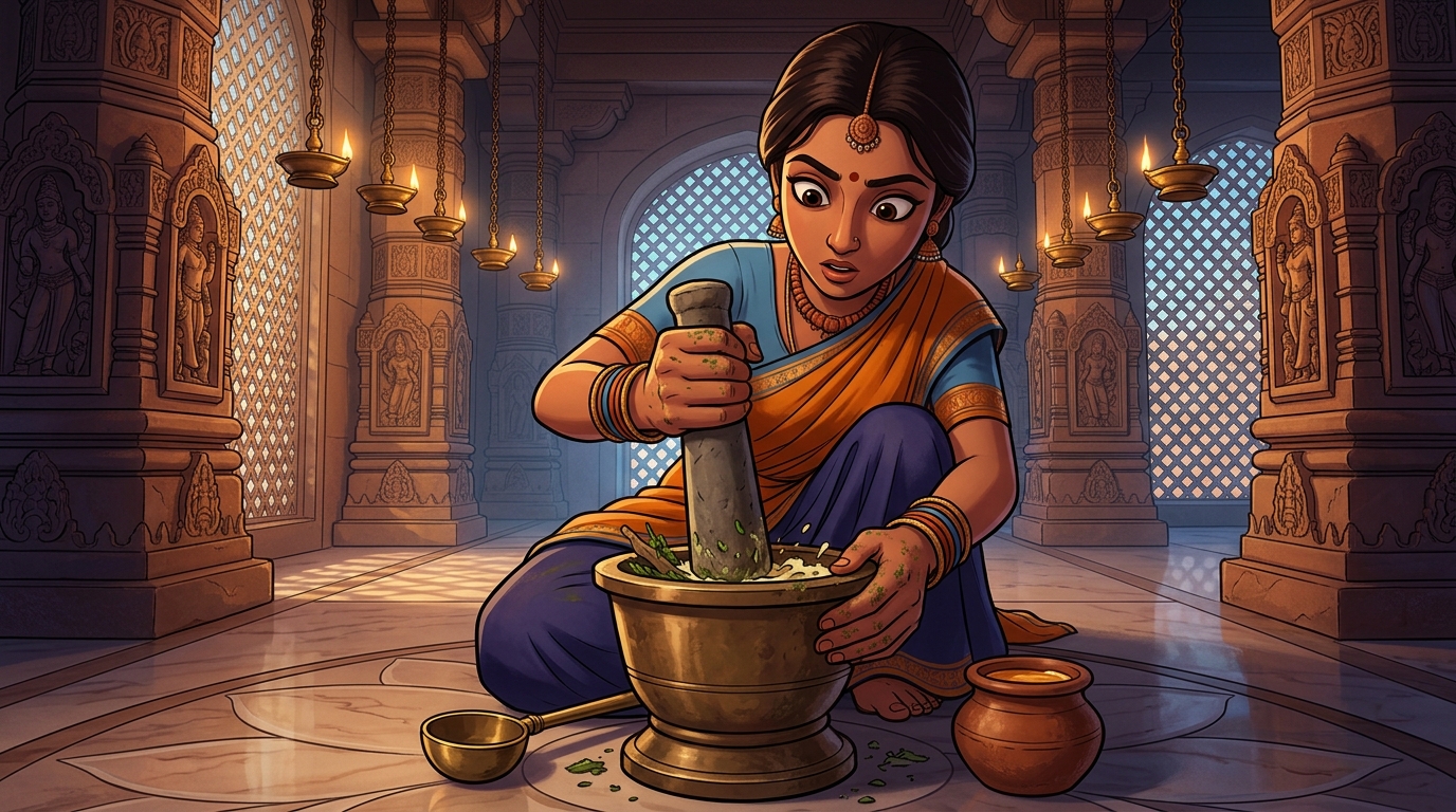 Charumati quickly crushes fresh Apamarja root with warm goat's milk and honey in a bronze mortar