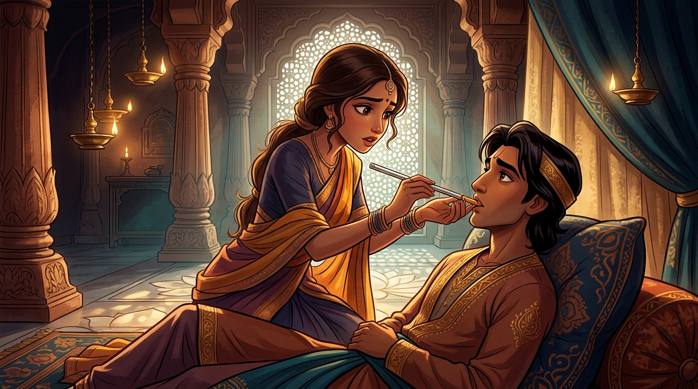 She feeds the warm herbal antidote into the Prince's throat using a hollow silver reed tube